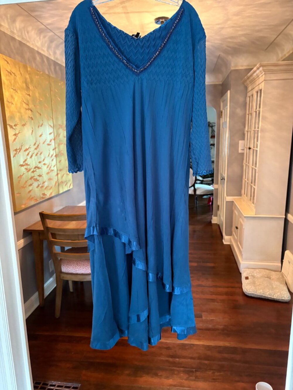 NWT Komarov Beaded Chiffon Charmeuse Trim Maxi Dress in Navy Blue & Teal. Sz M/L
